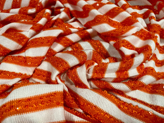 Sequin sparkle stripe jersey knit fabric, per metre - orange & white