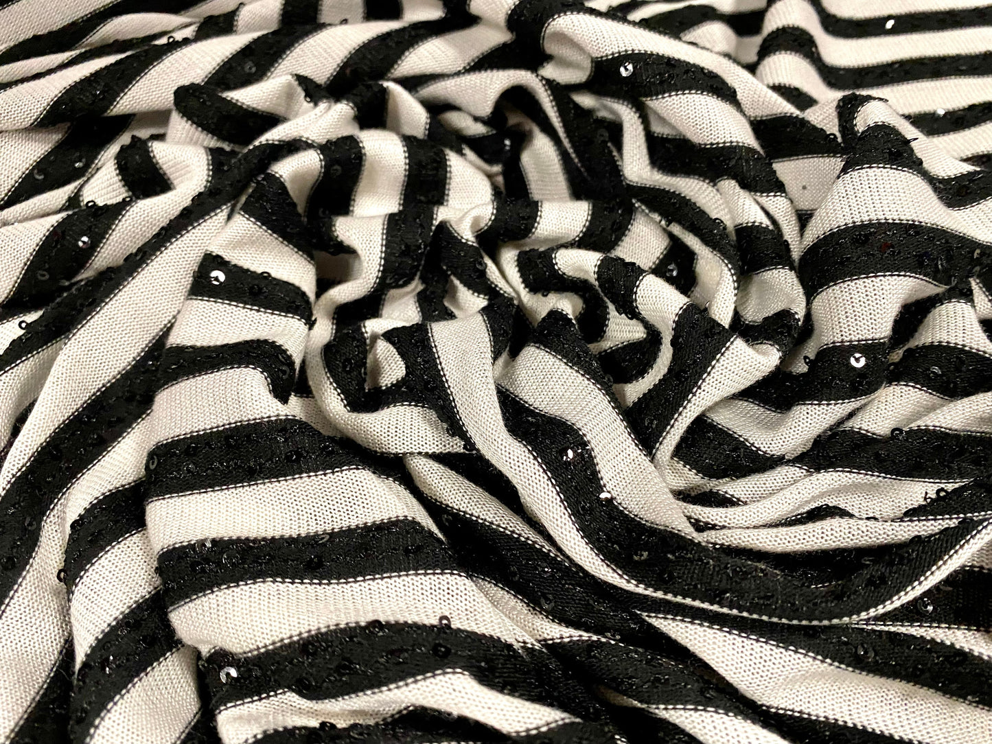 Sequin sparkle stripe jersey knit fabric, per metre - black & white