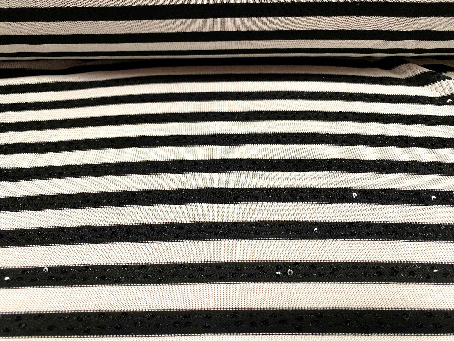 Sequin sparkle stripe jersey knit fabric, per metre - black & white