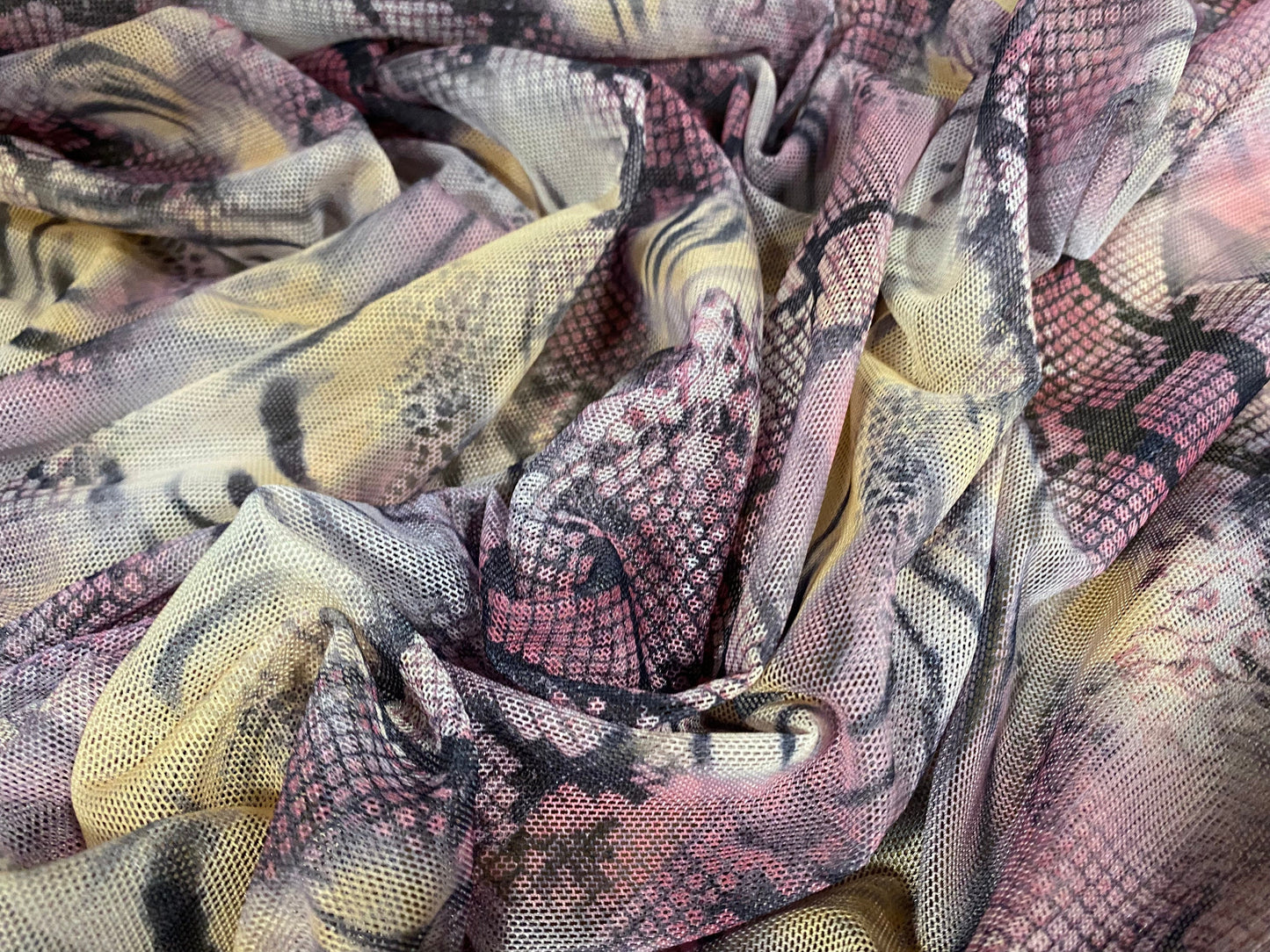 Power mesh net stretch fabric, per metre - tiger snakeskin fusion print