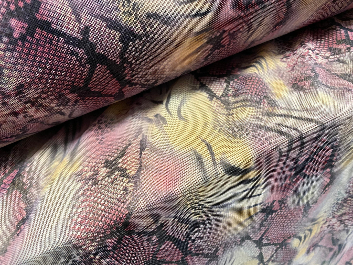 Power mesh net stretch fabric, per metre - tiger snakeskin fusion print