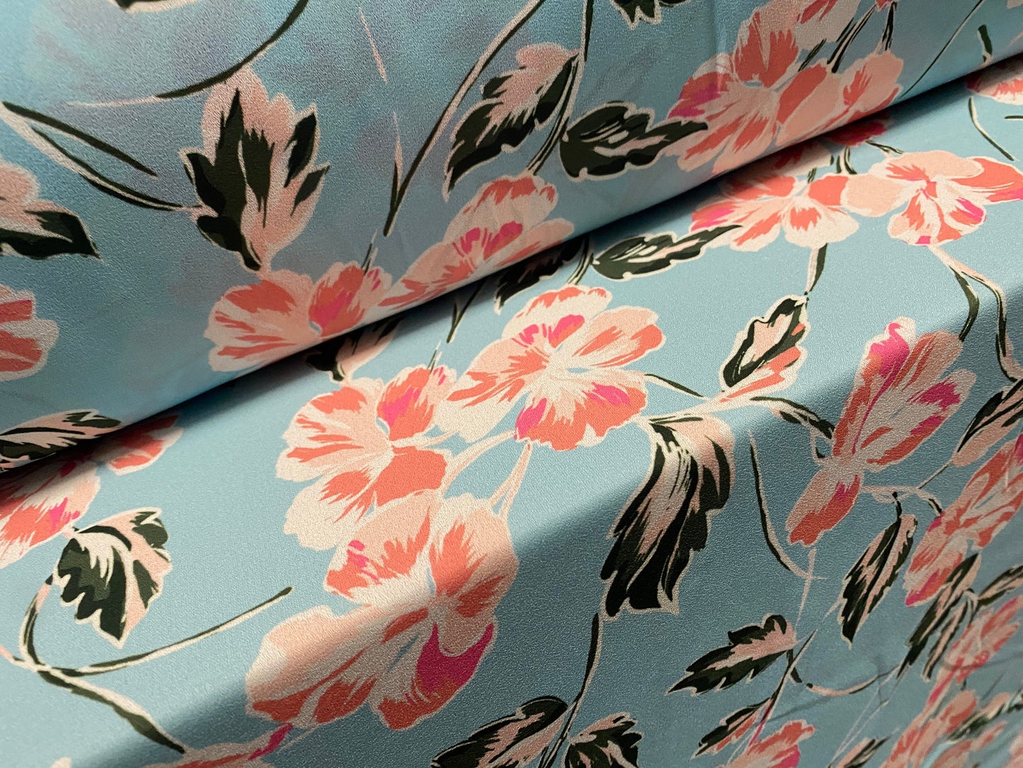 Chloe crepe georgette woven dress fabric, per Metre - light Blue with pink flower print