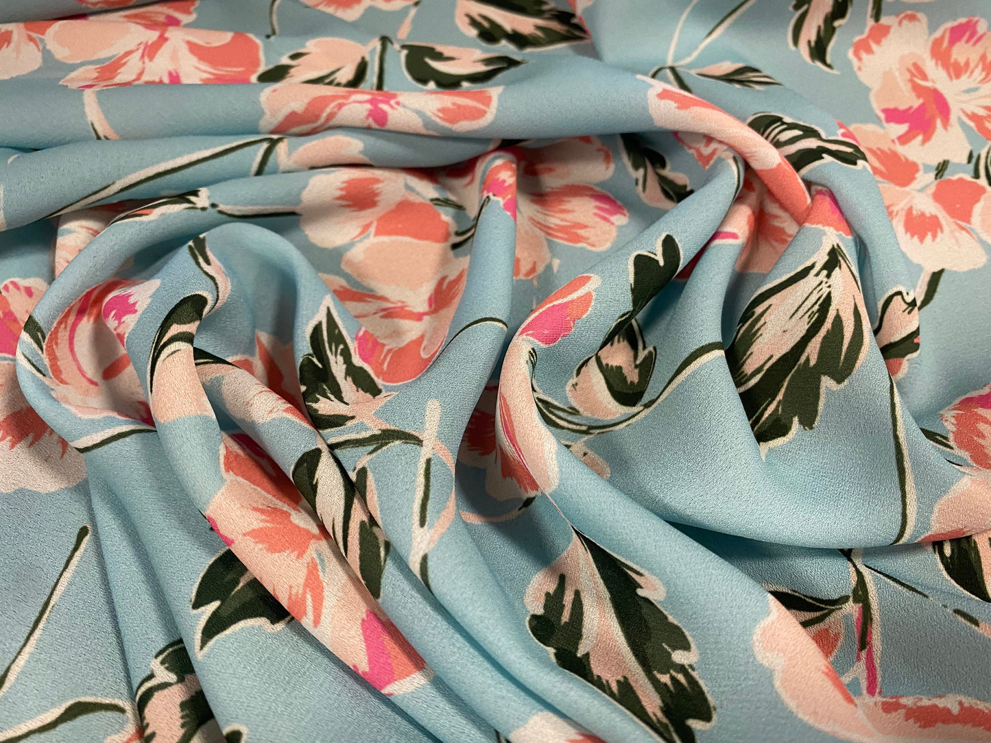 Chloe crepe georgette woven dress fabric, per Metre - light Blue with pink flower print