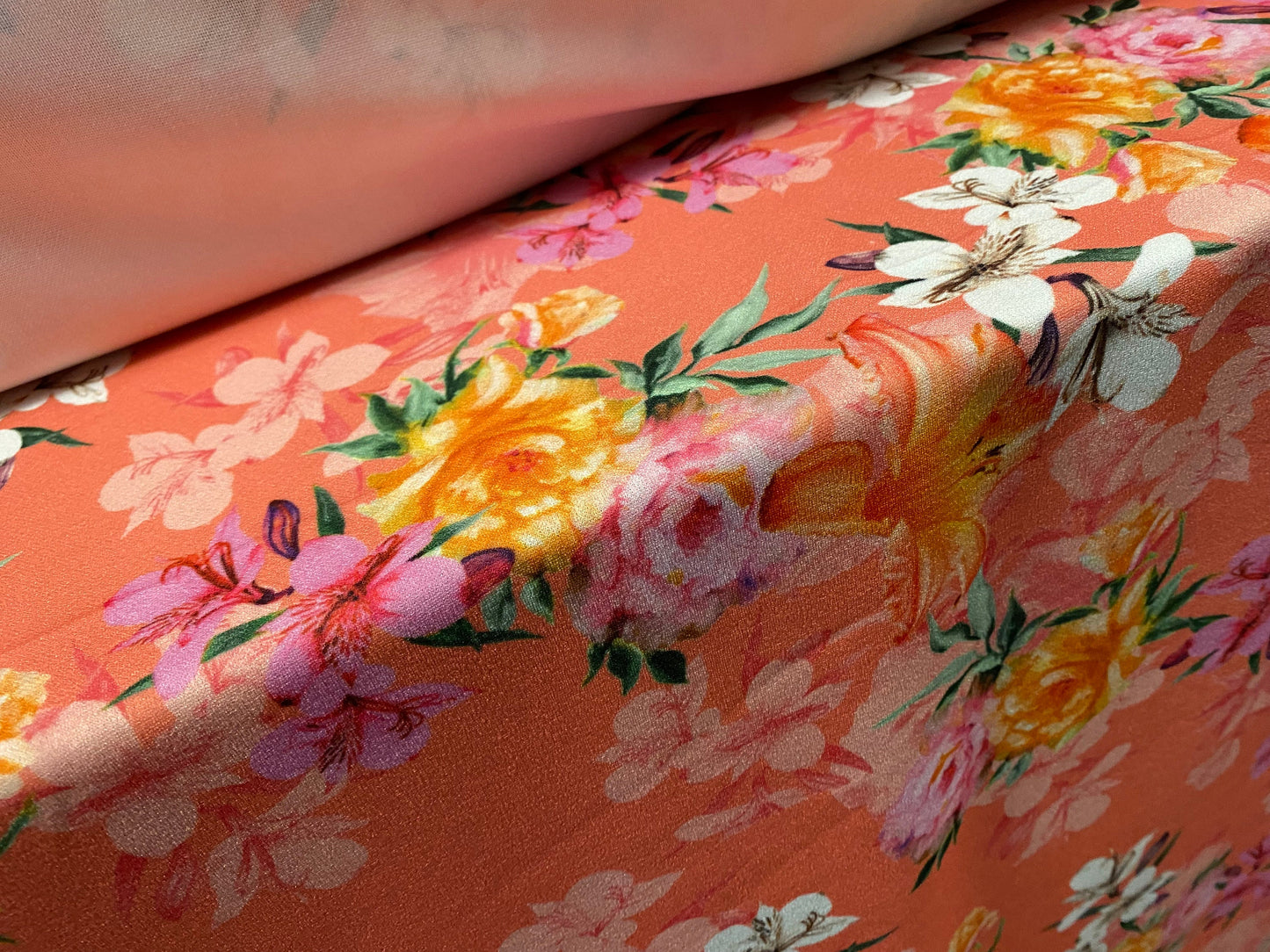 Scuba crepe fabric stretch spandex jersey, per metre -  flower print - coral