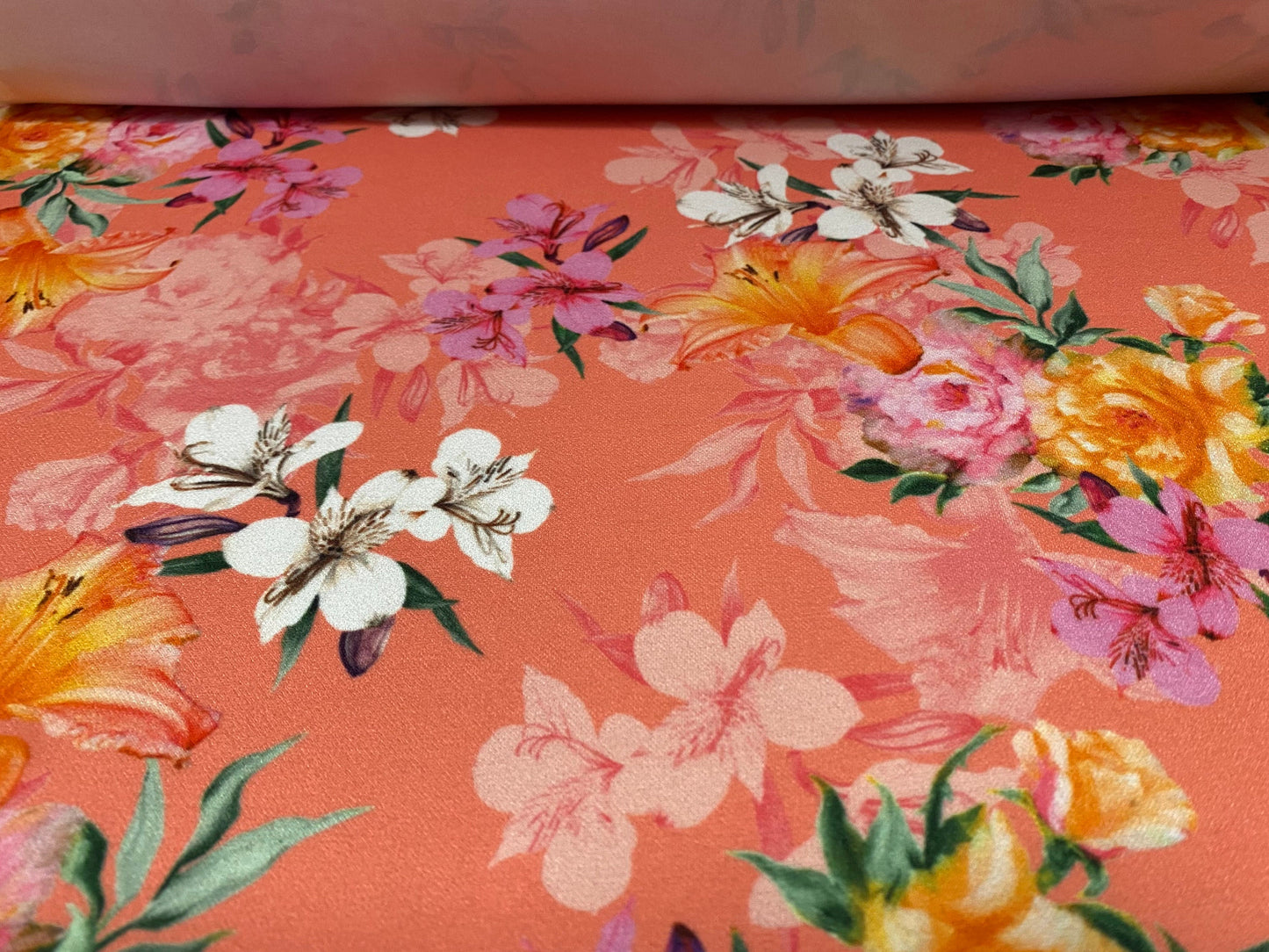 Scuba crepe fabric stretch spandex jersey, per metre -  flower print - coral