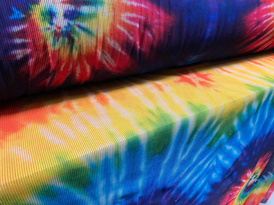 Power mesh rib net stretch spandex fabric, per metre - rainbow tie dye print