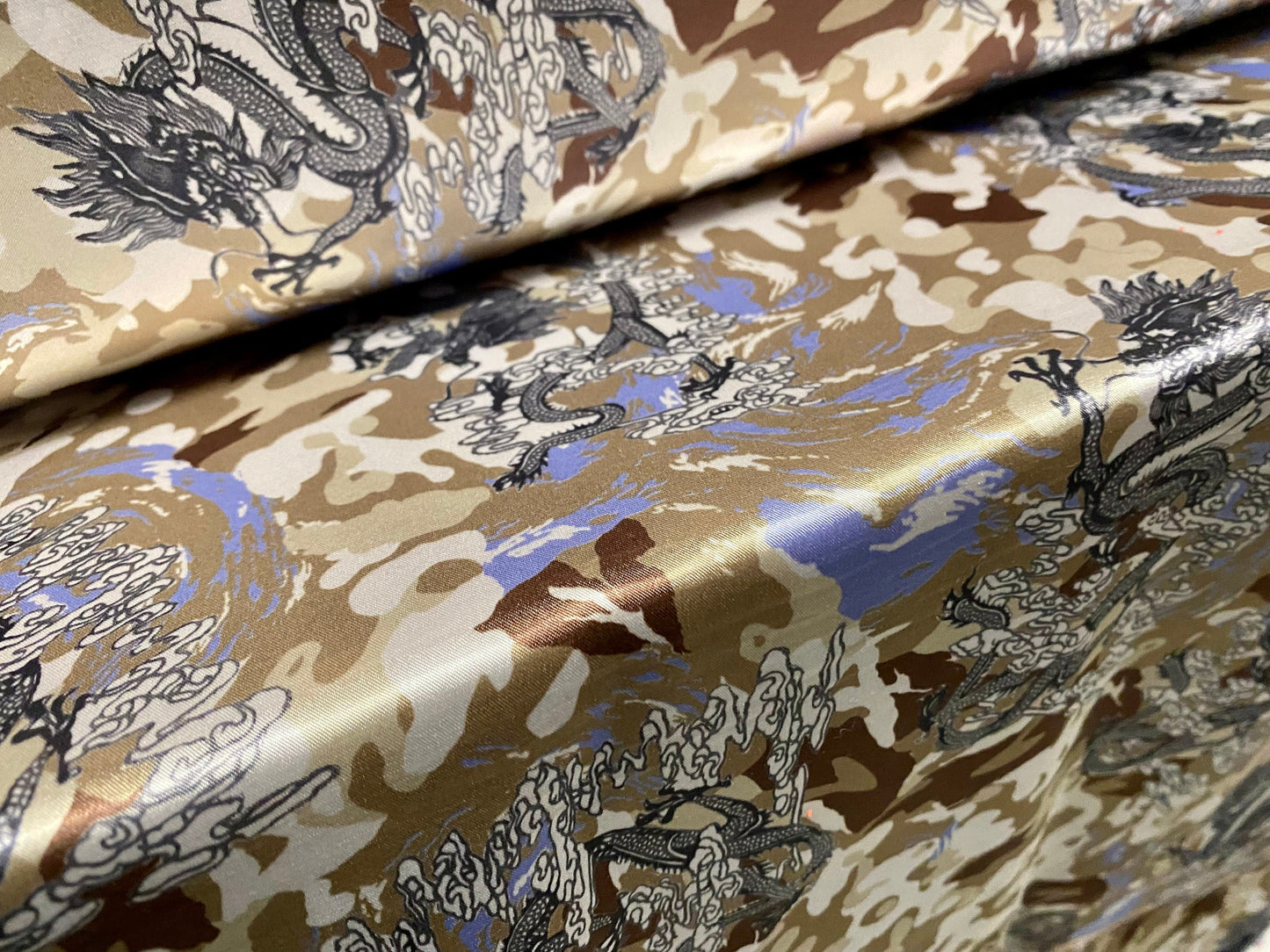 Silky Stretch charmeuse satin dress fabric, per metre - camouflage dragon print - green & blue