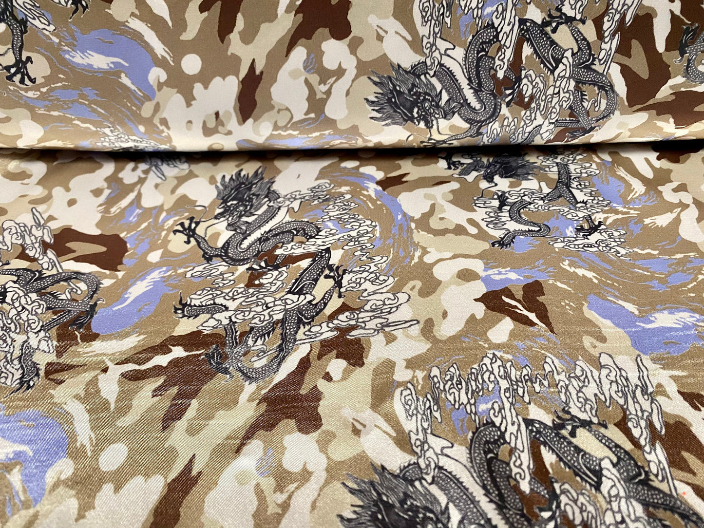 Silky Stretch charmeuse satin dress fabric, per metre - camouflage dragon print - green & blue