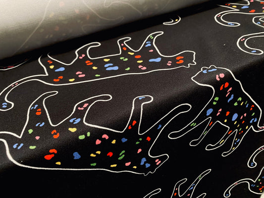 Scuba crepe fabric stretch spandex jersey, per metre -  leopard outline print - Black with multicolour hide