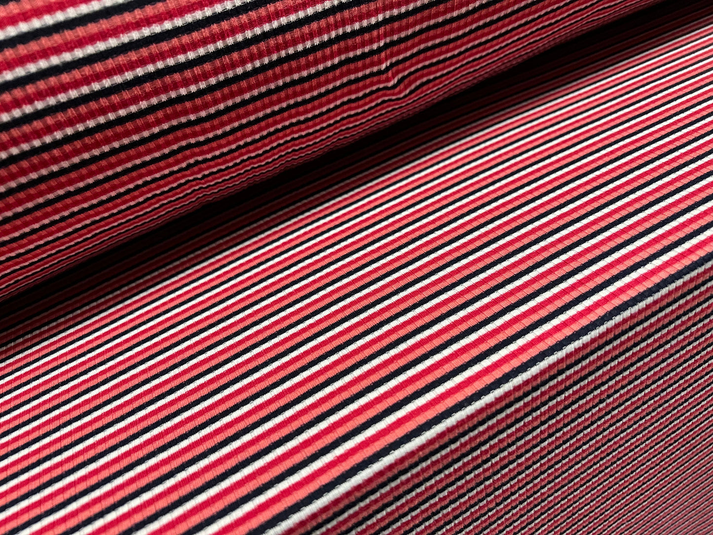 Stretch spandex rib jersey fabric, per metre -  stripe - red pink black white