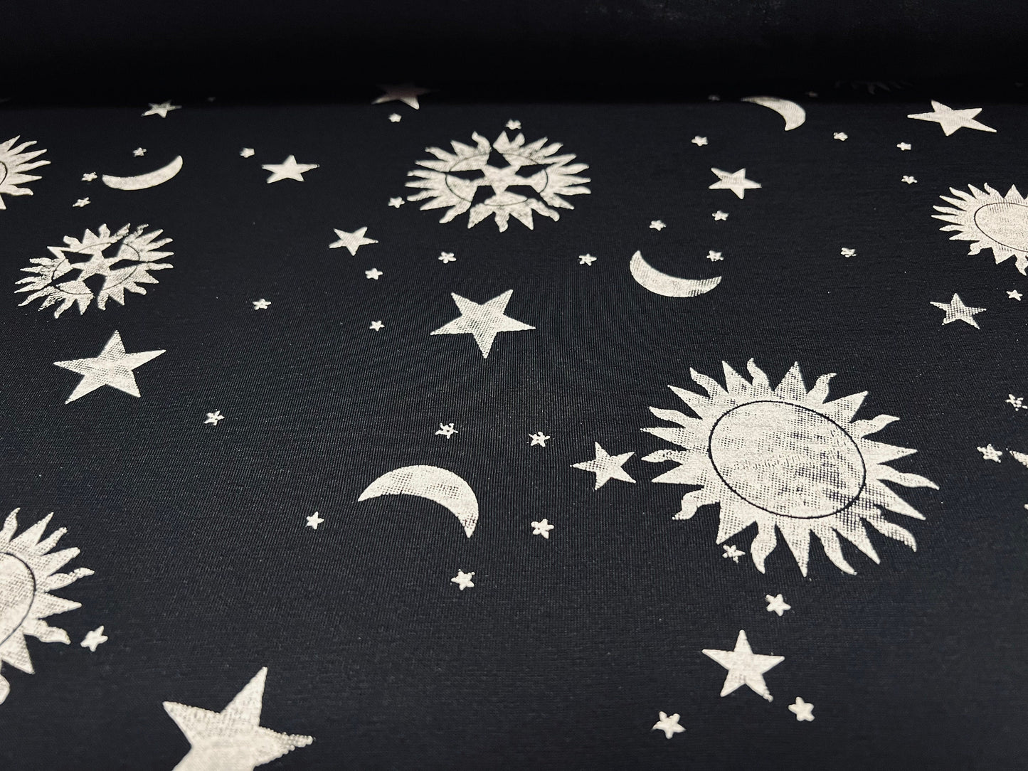 Viscose spandex stretch jersey fabric, per metre - distressed moon & stars print