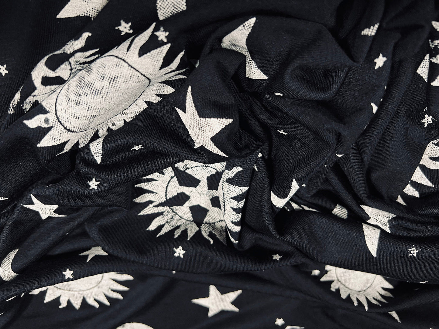 Viscose spandex stretch jersey fabric, per metre - distressed moon & stars print