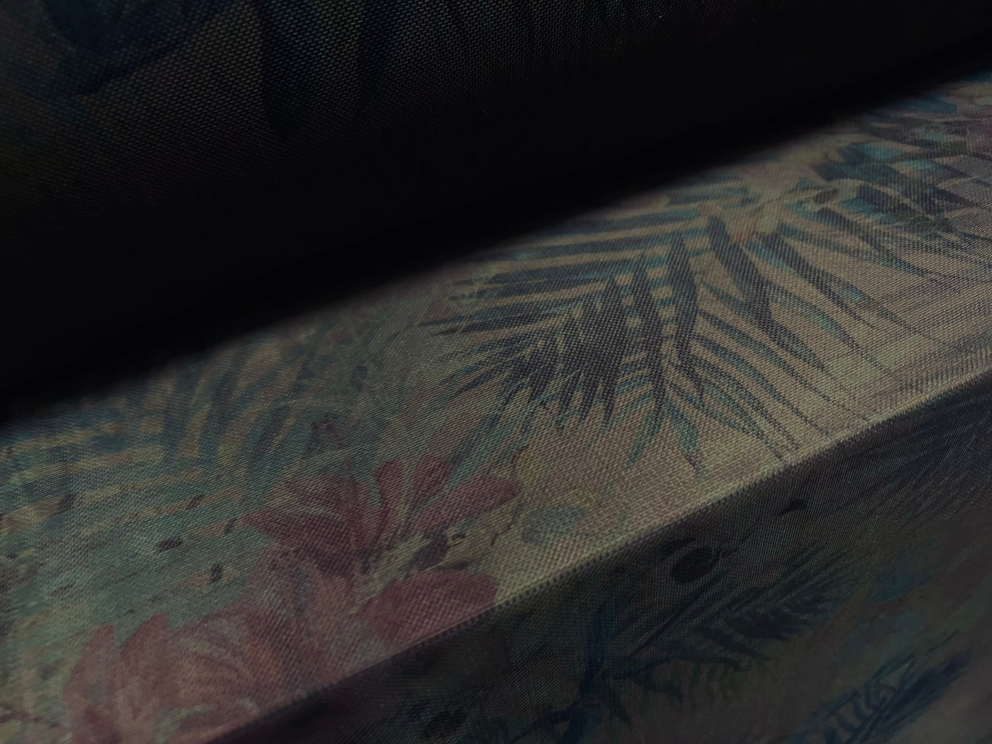 Power mesh net stretch fabric, per metre - flowers & leaves print - dark khaki