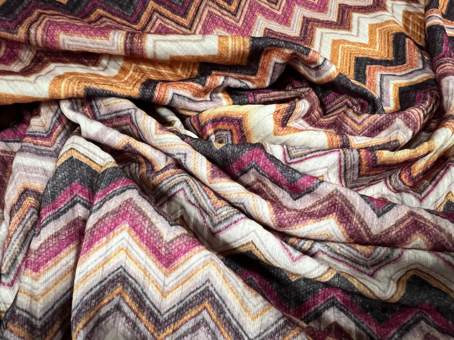 Spandex stretch rib jersey fabric, per metre - chevron zigzag print - magenta & mustard