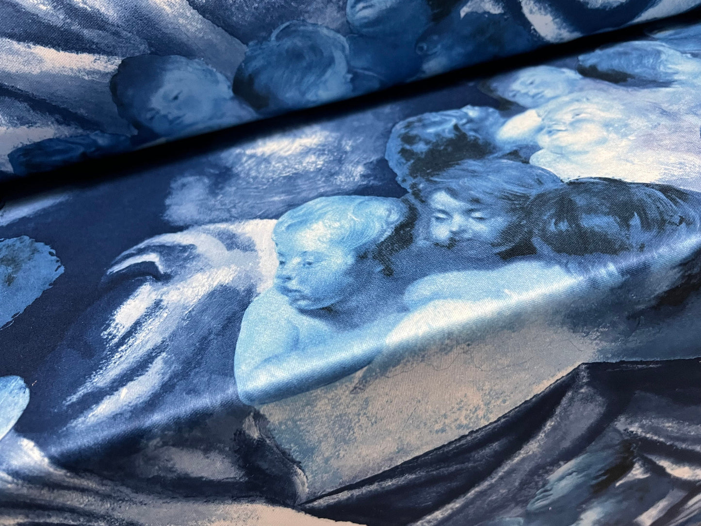 Single jersey fashion fabric - 60 inches wide - heavenly cherub angels print - blue