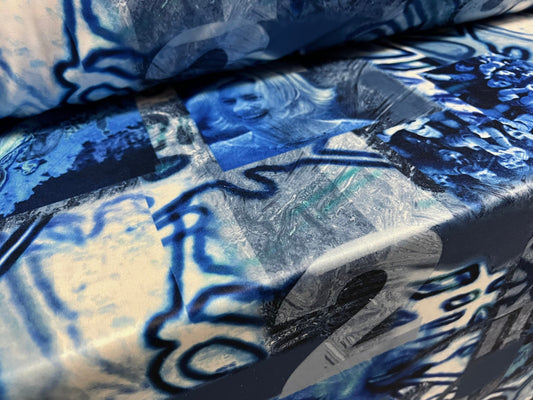 Single jersey polyester fabric - 60 inches wide - festival graffiti print - blue