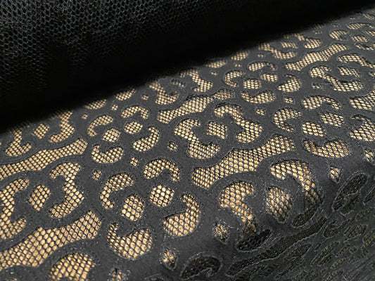 Couture Fishnet fabric with damask swirl appliqué, per metre  - black on black