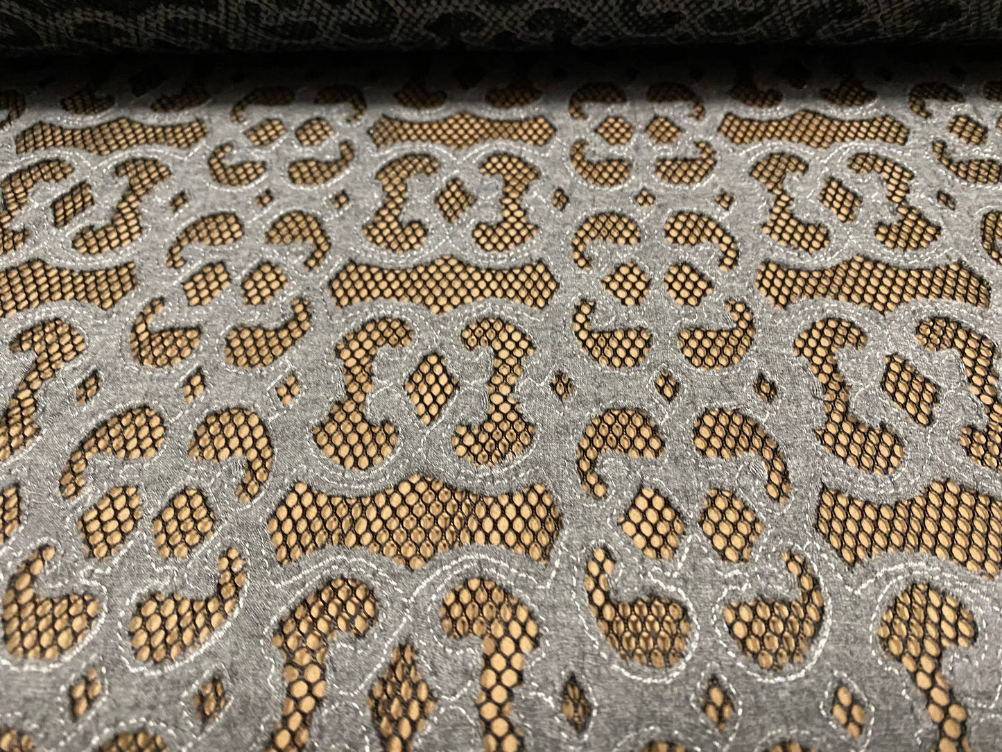 Couture Fishnet fabric with damask swirl appliqué, per metre  - grey on black