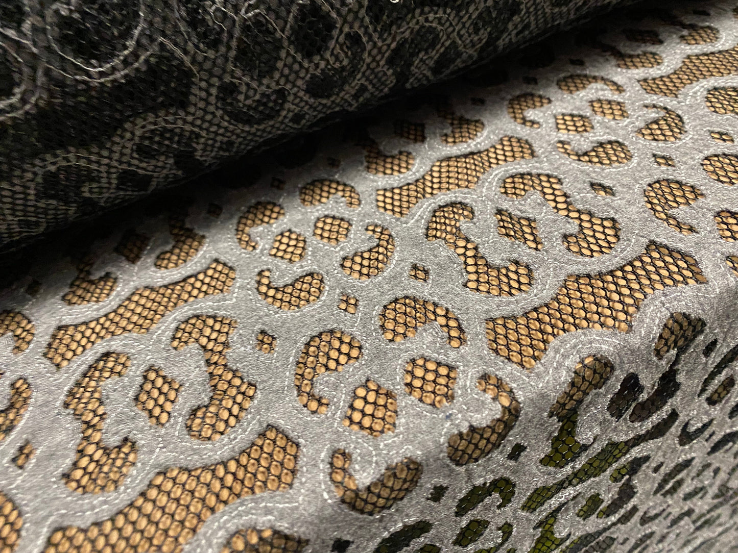 Couture Fishnet fabric with damask swirl appliqué, per metre  - grey on black