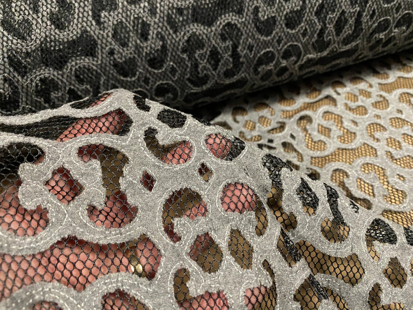 Couture Fishnet fabric with damask swirl appliqué, per metre  - grey on black