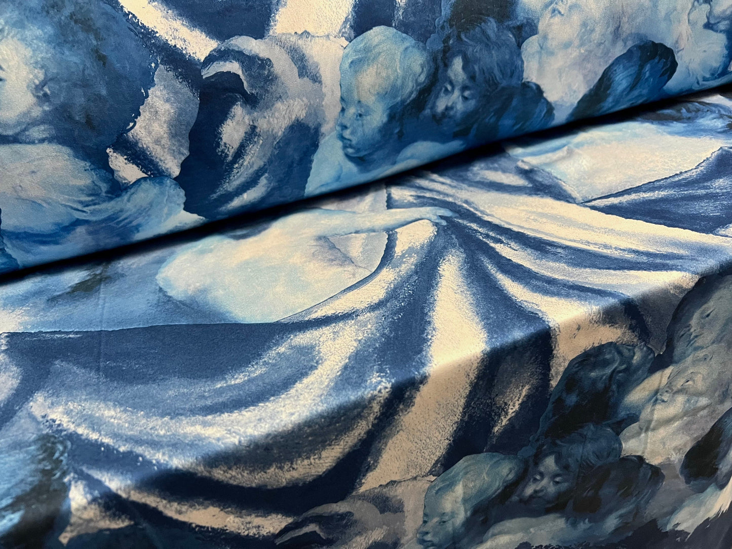 Printed pongee woven dress fabric, per metre - cherub angels print - blue