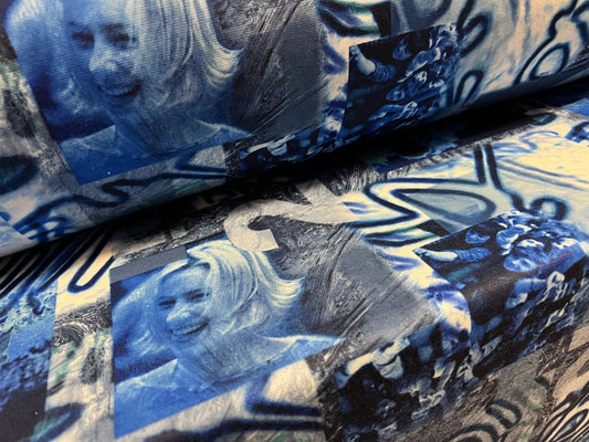 Stretch spandex double jersey fabric, per metre - Festival graffiti print - blue