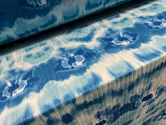 Spandex rib stretch jersey fabric, per metre - Tie dye splash print - turquoise & white