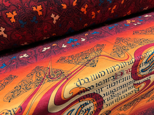 Stretch spandex single jersey fabric, per metre - Celtic braid print - Orange & wine