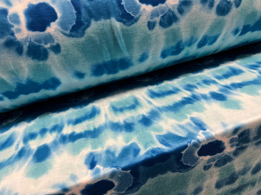 Soft handle stretch jersey fabric, per metre - tie dye splash print - turquoise blue