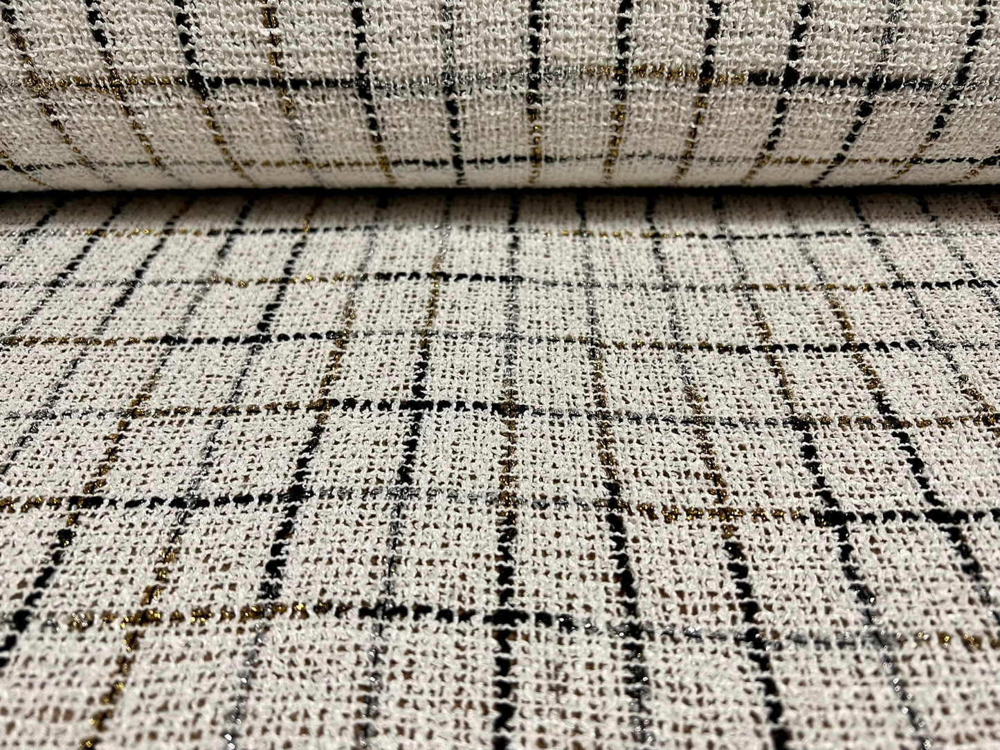 Woven Bouclé check fabric with gold lurex metallic check, per metre