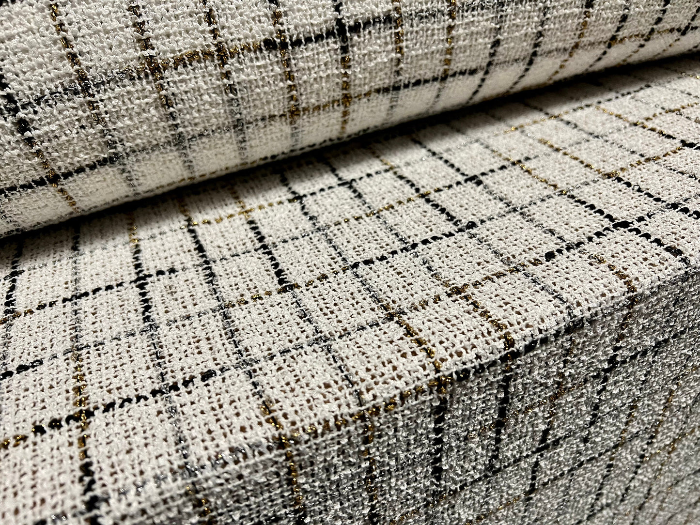 Woven Bouclé check fabric with gold lurex metallic check, per metre