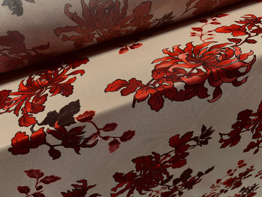 Mesh net lightweight  fabric, per metre - flower print - stone & Red