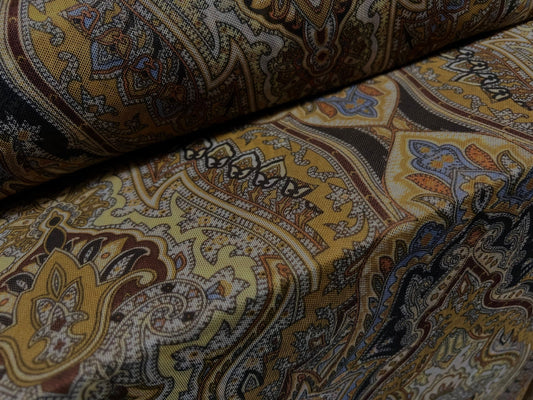 Power mesh net stretch fabric, per metre - paisley print - khaki & mustard