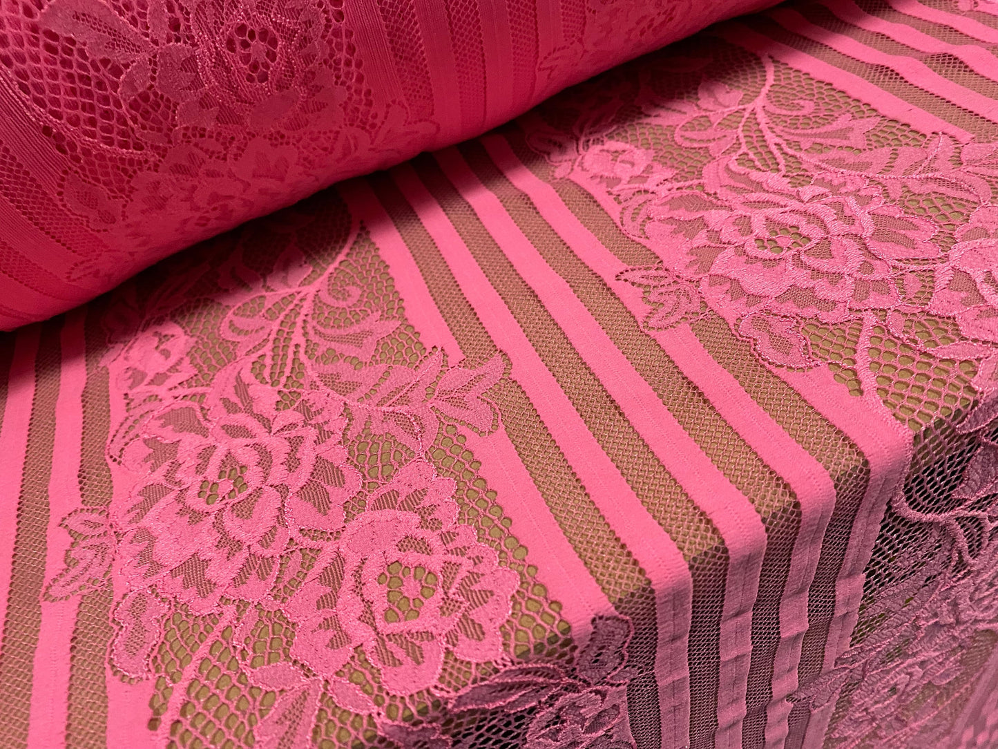 Mesh lace net fabric, per metre - embroidered floral stripe - pink