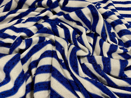 Sequin sparkle stripe jersey knit fabric, per metre - royal blue & white