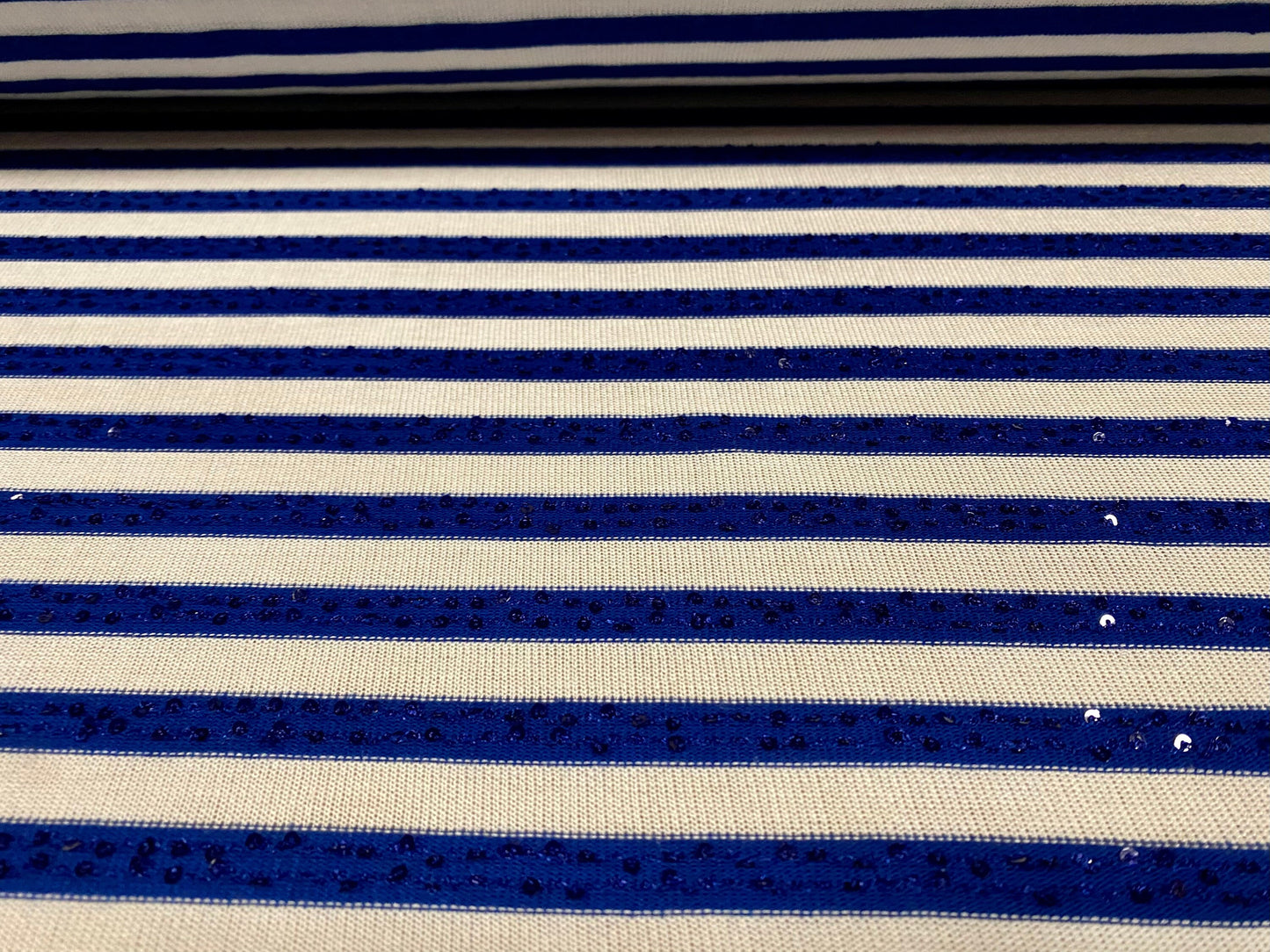 Sequin sparkle stripe jersey knit fabric, per metre - royal blue & white