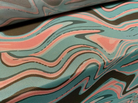 Power mesh net stretch fabric, per metre - distressed swirl print - mint & pink pastels