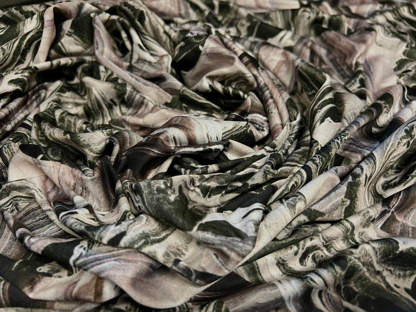 Stretch spandex single jersey fabric, per metre - Marbled rock strata print - dusky pink & dark green