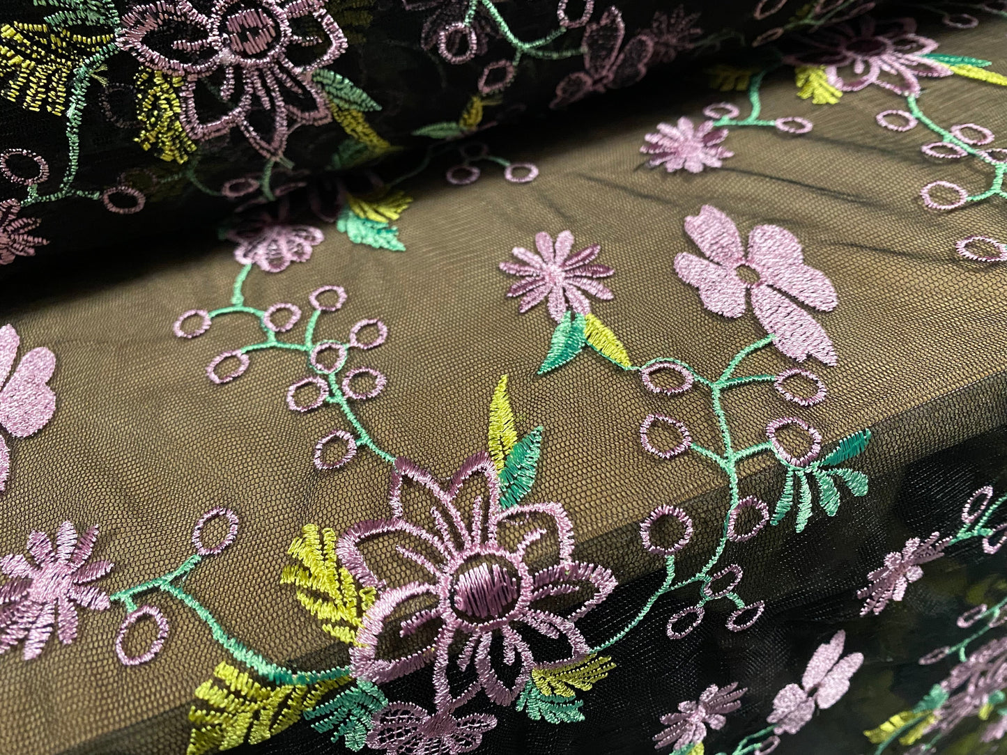 Embroidered chemical lace fabric, per metre - black tulle with pink floral design