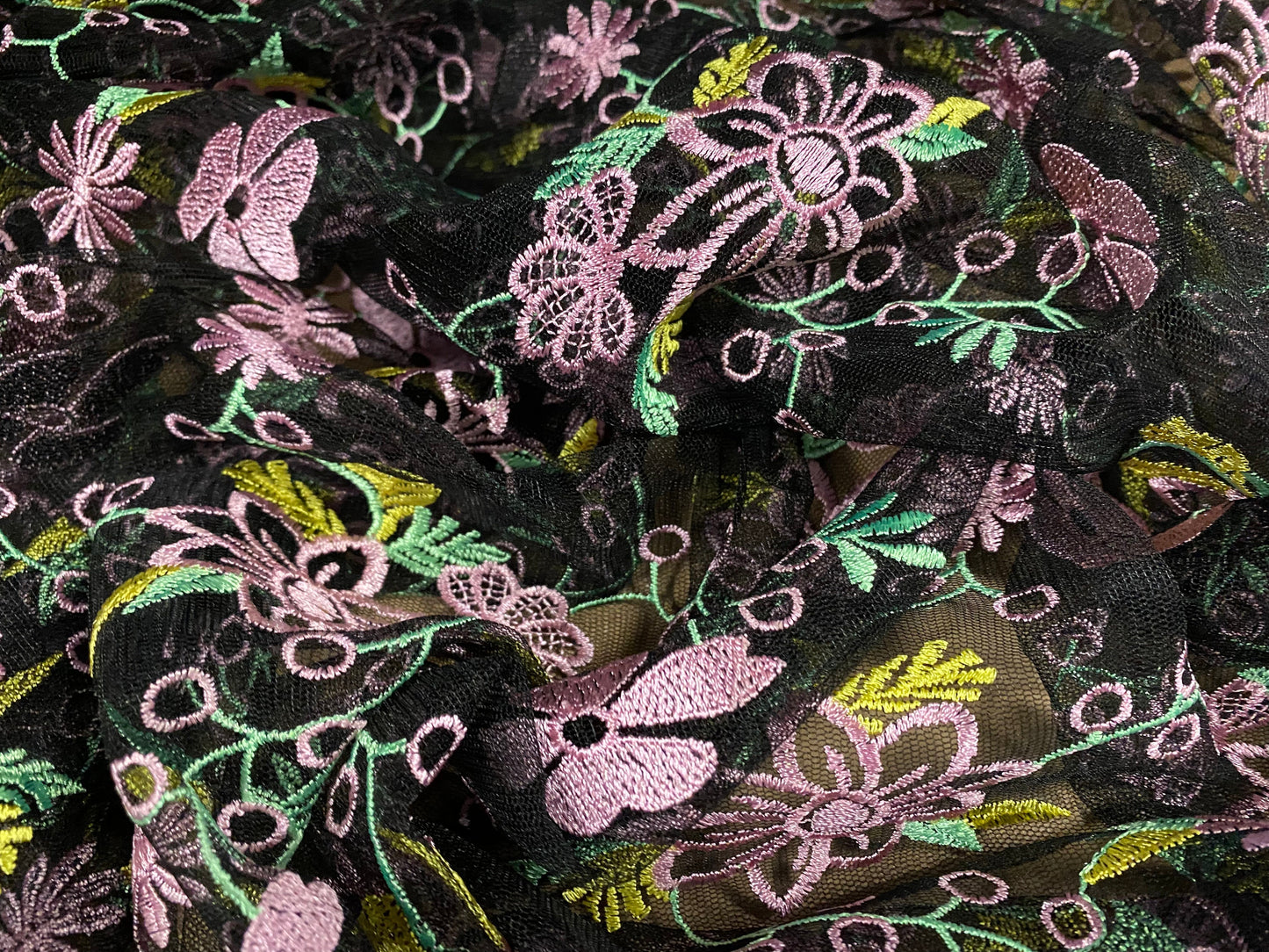 Embroidered chemical lace fabric, per metre - black tulle with pink floral design