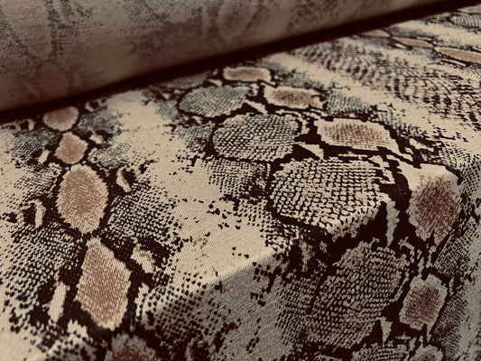 Viscose spandex stretch single jersey fabric, per metre - snakeskin print - stone