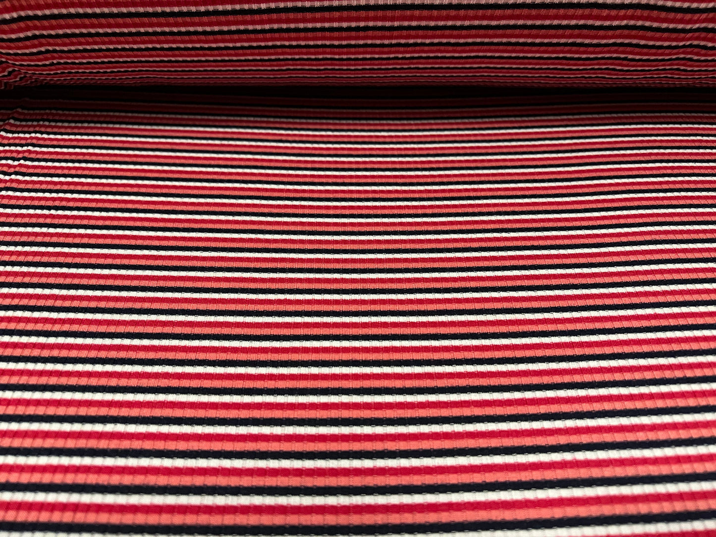 Stretch spandex rib jersey fabric, per metre -  stripe - red pink black white