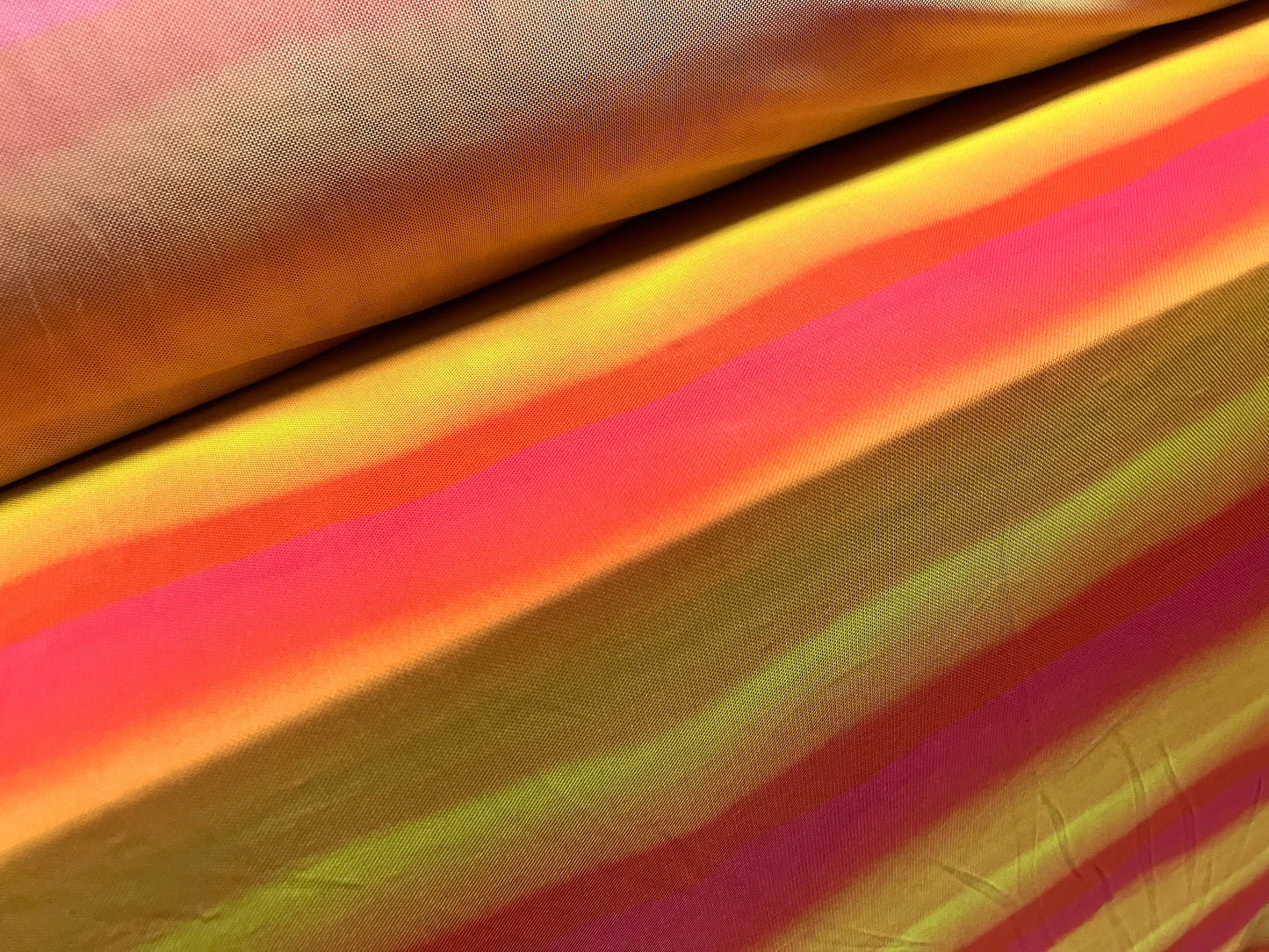 Power mesh net stretch fabric, per metre - ombré stripe print - orange & yellow