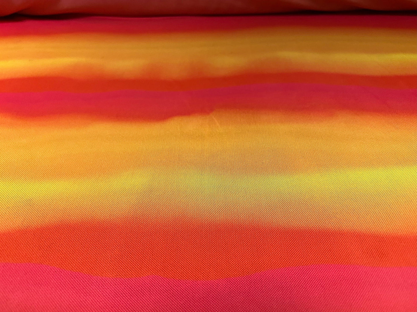 Power mesh net stretch fabric, per metre - ombré stripe print - orange & yellow