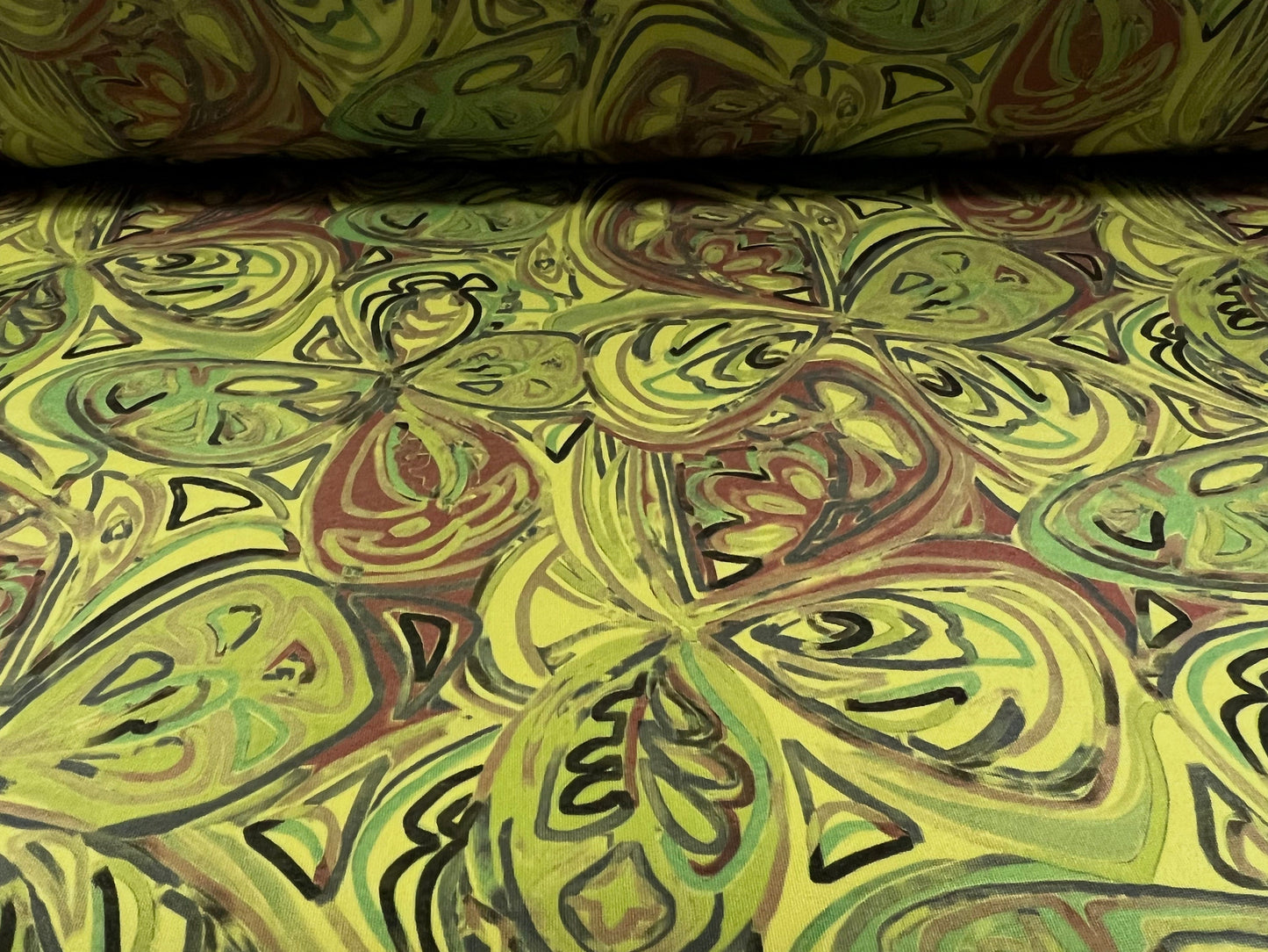 Soft touch stretch spandex jersey fabric, per metre - stylised floral print - lime
