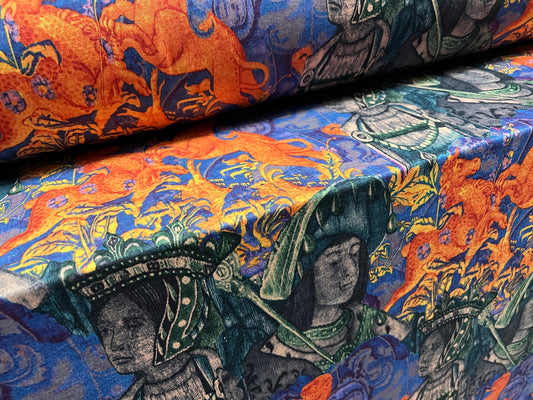 Soft handle stretch single jersey fabric, per metre - Henry Tudor King & Queen Monarchy print