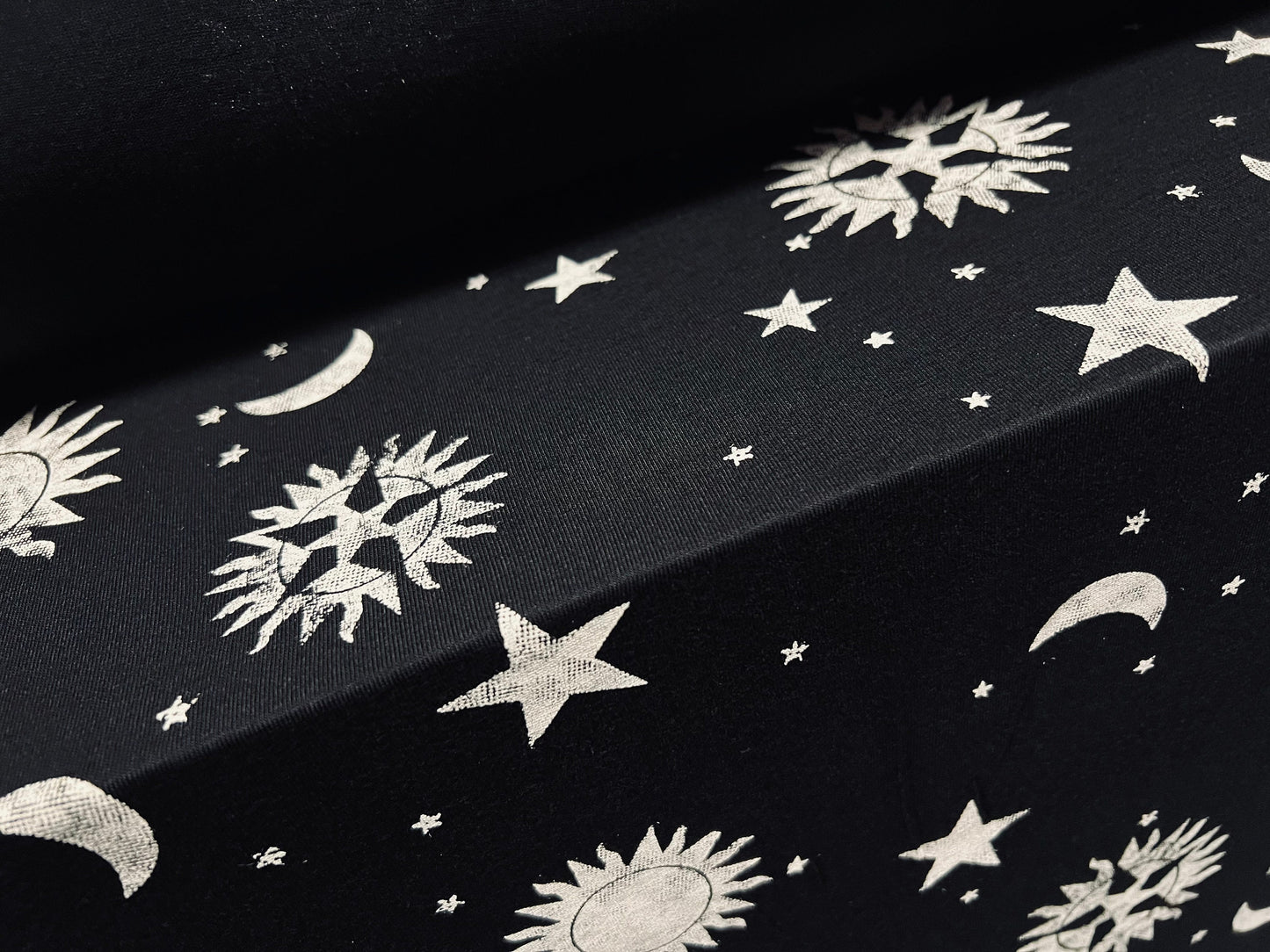 Viscose spandex stretch jersey fabric, per metre - distressed moon & stars print