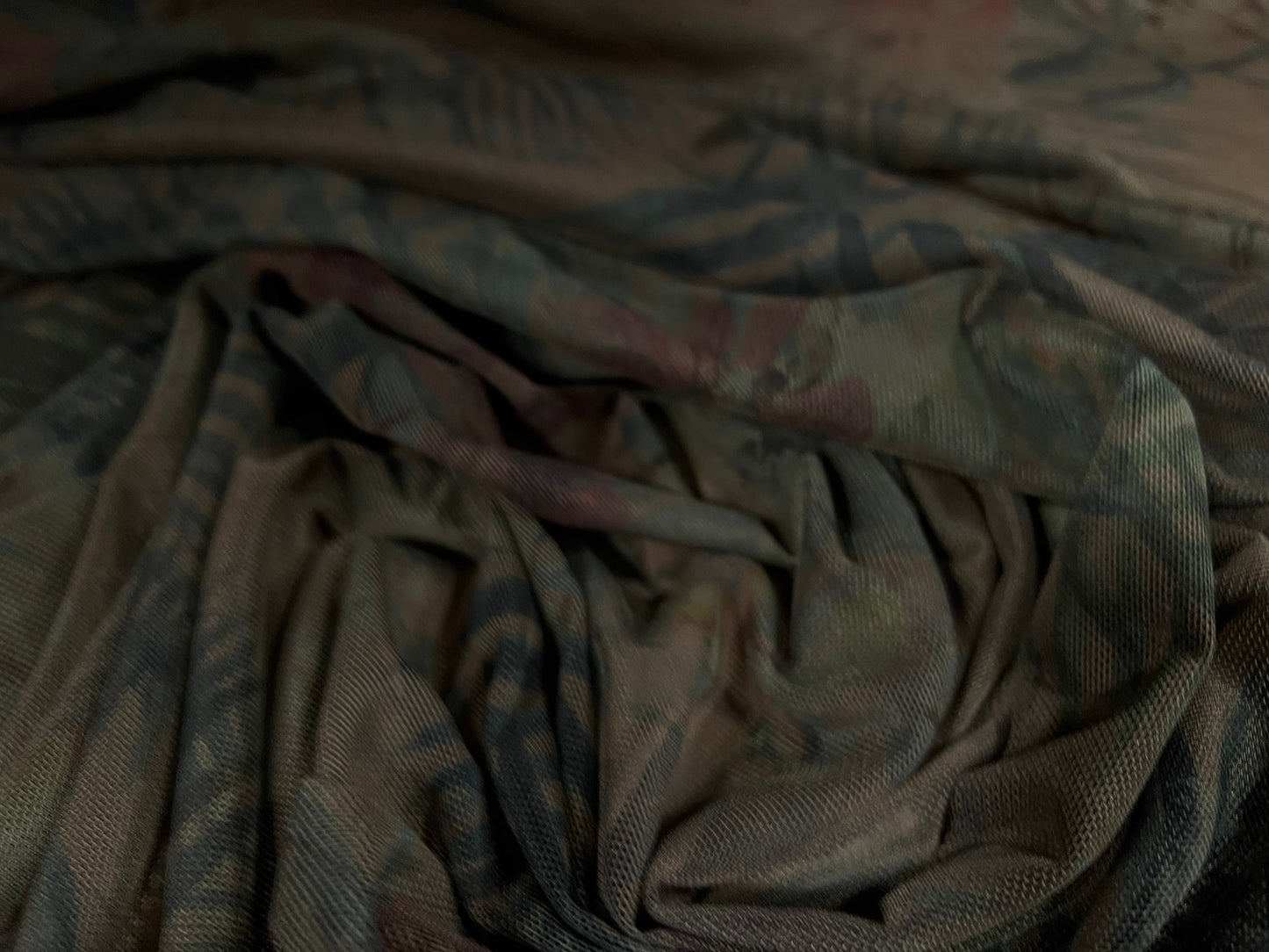 Power mesh net stretch fabric, per metre - flowers & leaves print - dark khaki