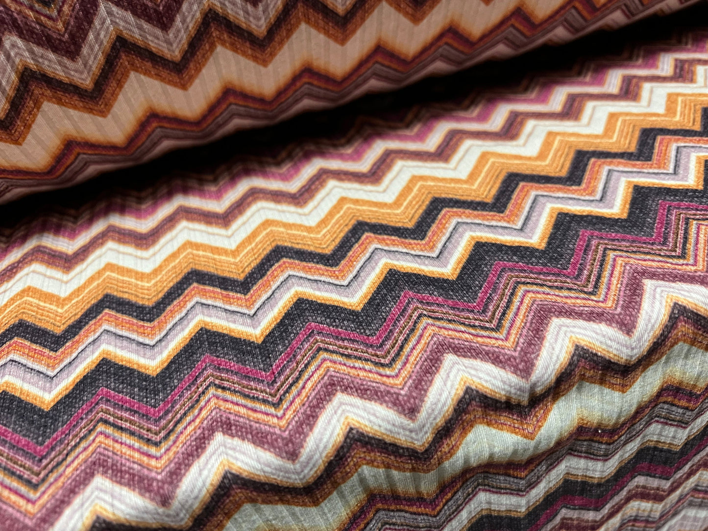 Spandex stretch rib jersey fabric, per metre - chevron zigzag print - magenta & mustard