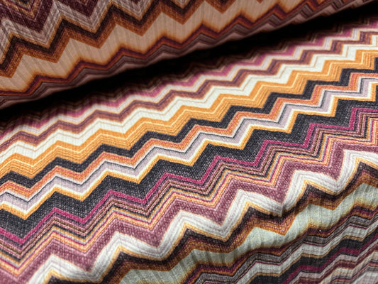 Spandex stretch rib jersey fabric, per metre - chevron zigzag print - magenta & mustard